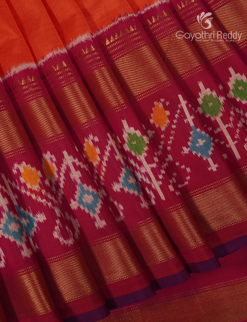 Pure Ikat Silk Saree in Orange and Rani Pink
