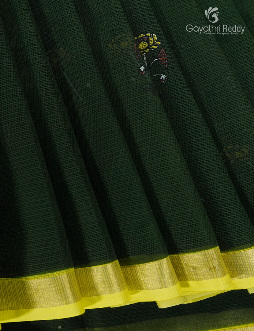 Premium Quality Cotton Kota Saree in Deep Moss Green and Lime Green