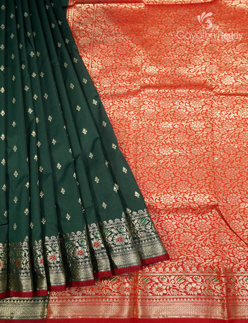 Semi Banaras Katan Silk Saree in Bottle Green and Red