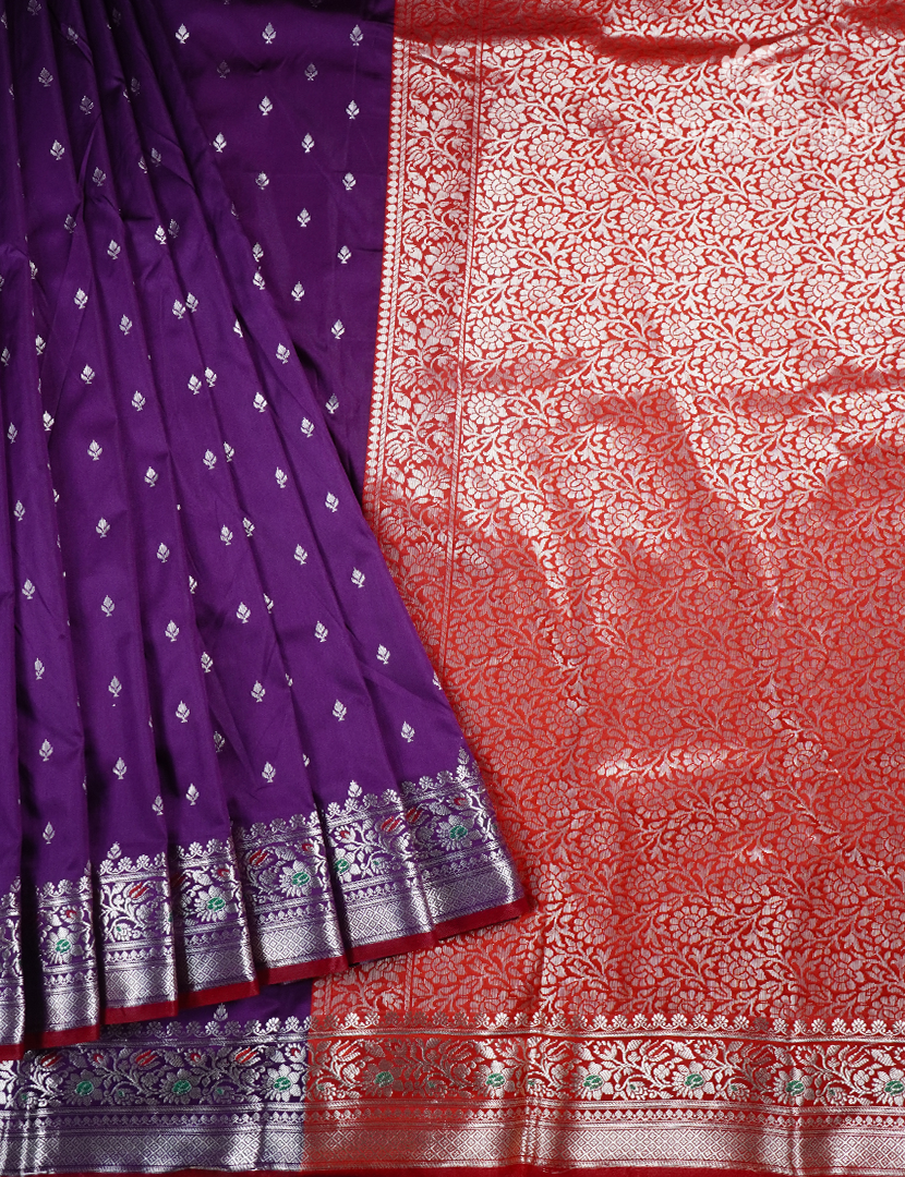 Semi Banaras Katan Silk Saree in Deep Purple and Red