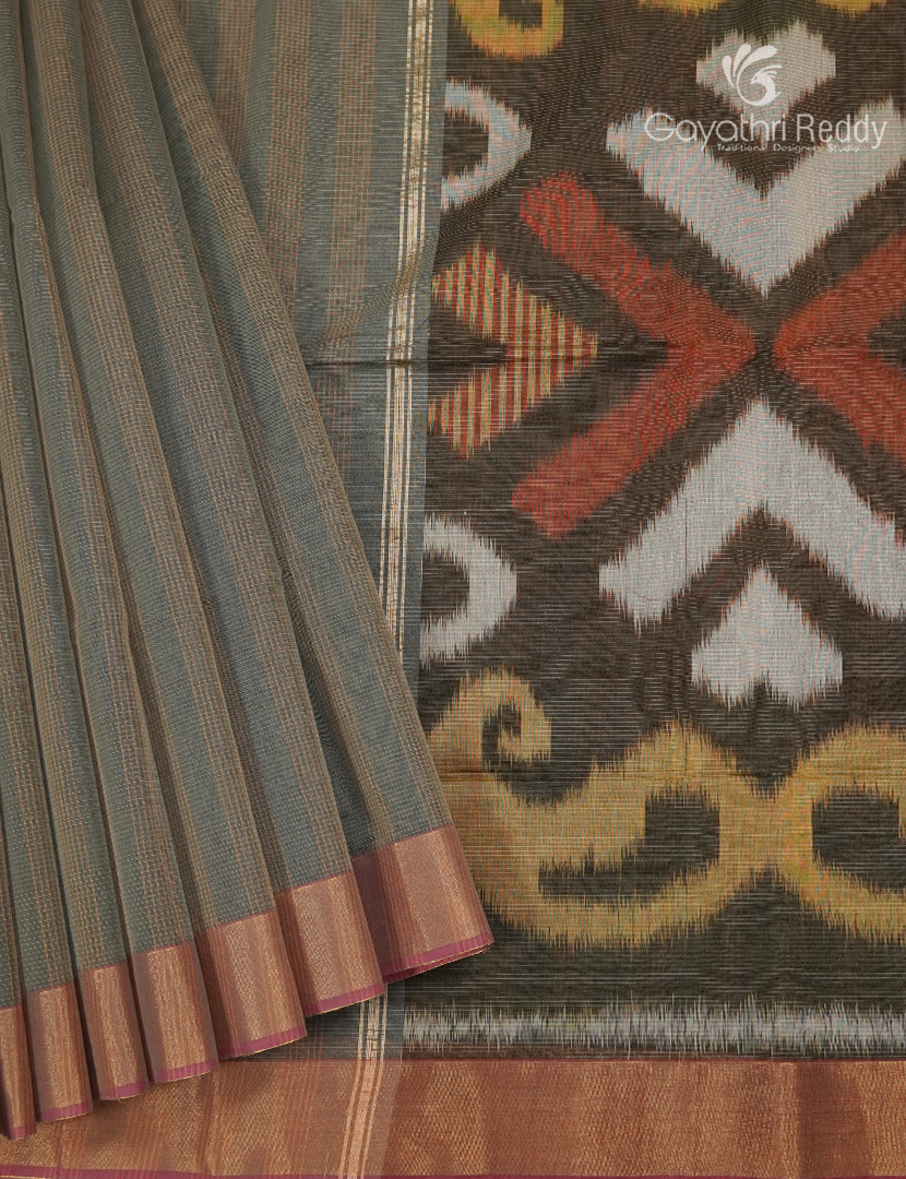 Semi Ikat Sico Saree in Olive Grey