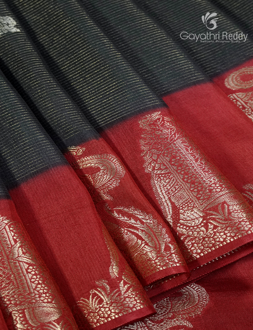 Semi Mysore Crepe Saree in Slate Black and Red