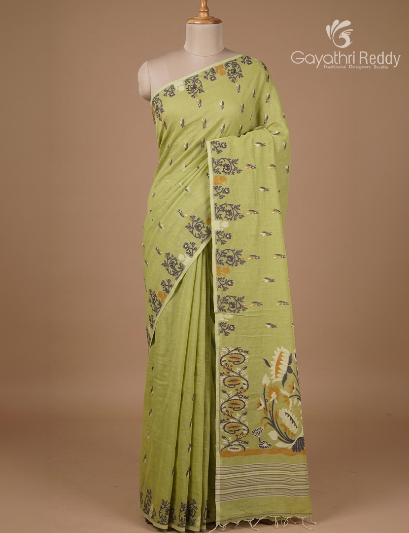 Jamdani Cotton Saree in Light Leaf Green