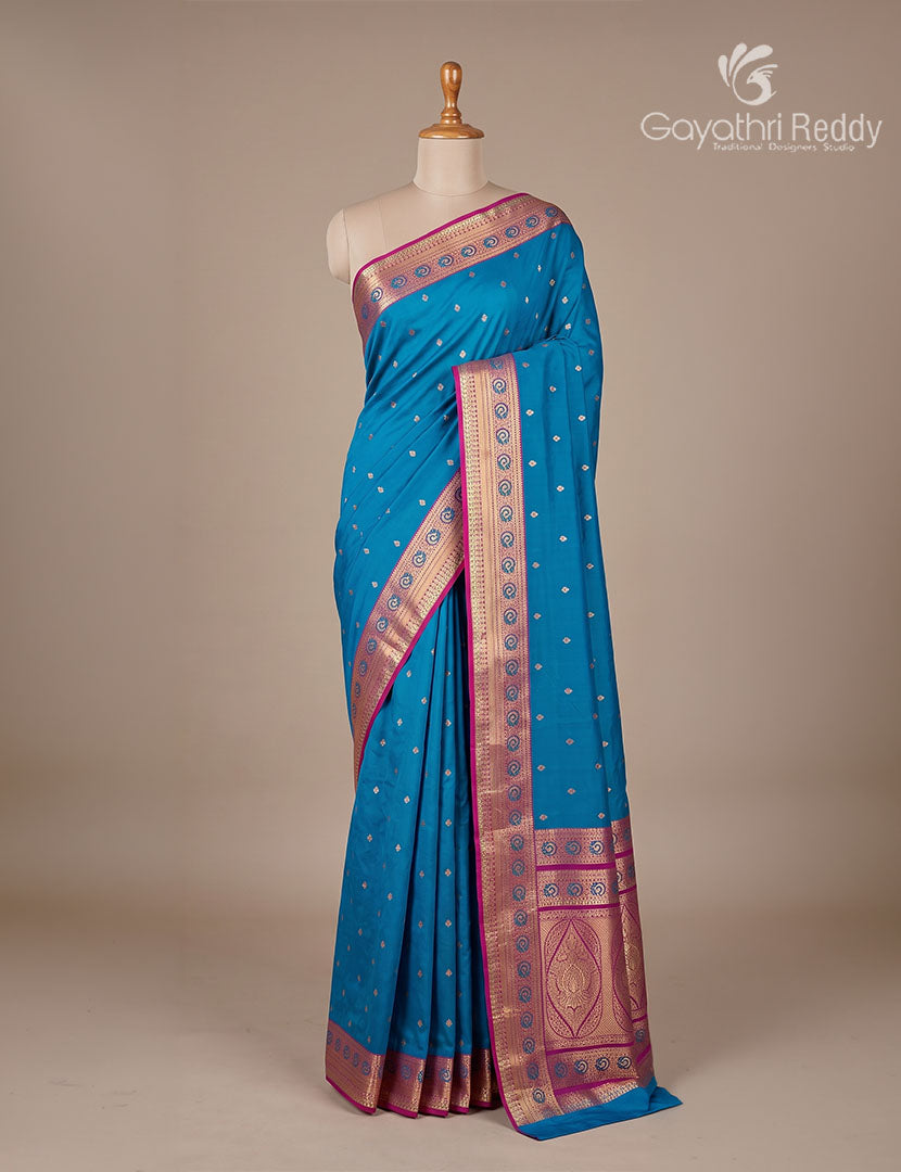 Semi Kanchipuram Silk Fancy Saree in Deep Peacock Blue and Deep Magenta