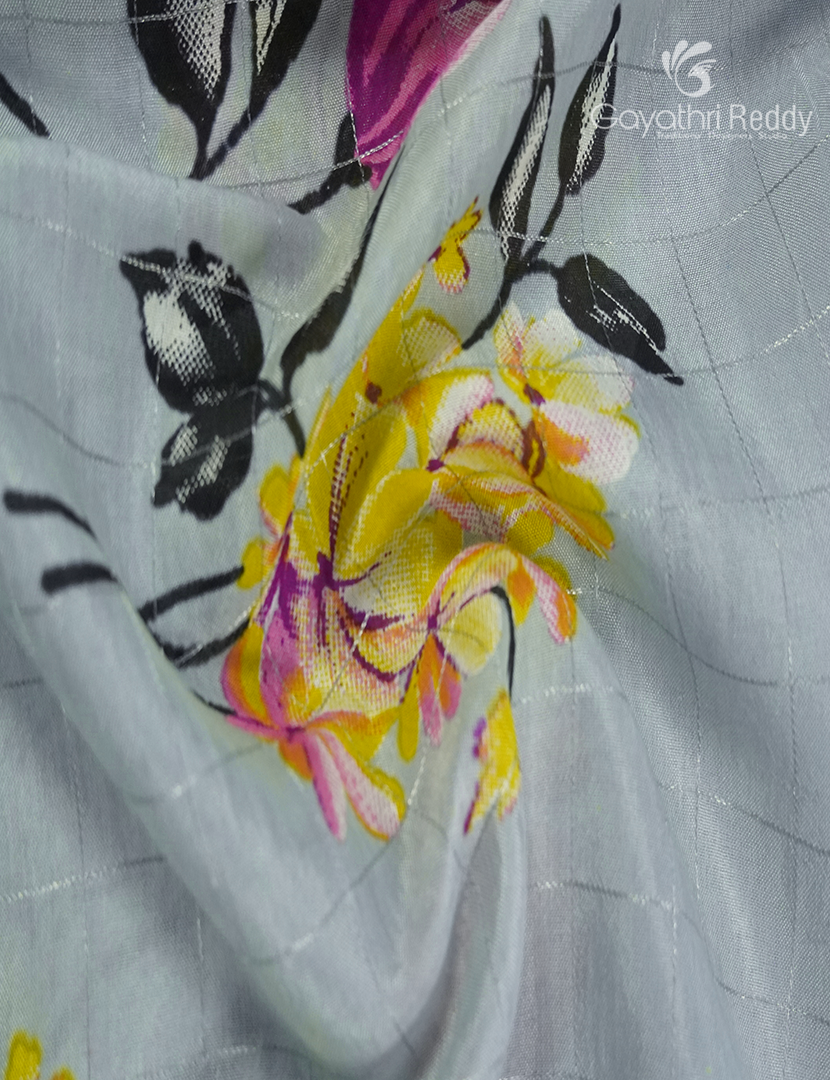Mangalgiri Printed Saree in Pastel Grey , Yellow and Black