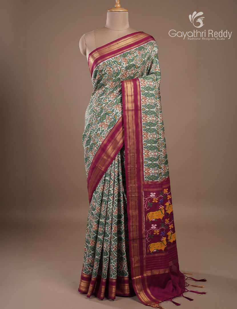 Pure Ikat Silk Saree in Pista Green and Deep Pink