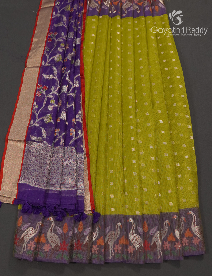 Banaras Kota Lehanga Set in Lime Green and Violet