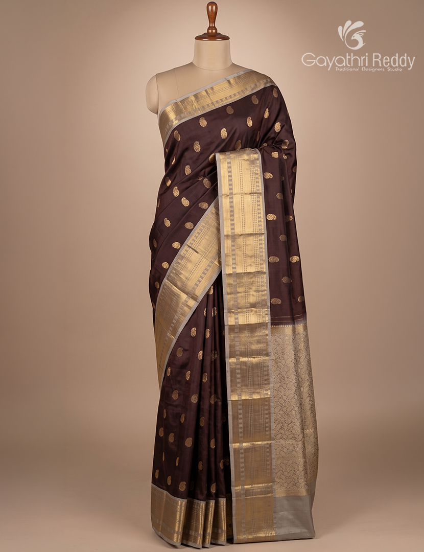 Pure Kanchipuram Silk Saree in Deep Brown and Ash Grey(Broad Borders )