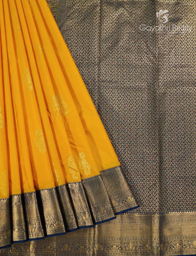 Semi Kanchipuram Silk Saree in Yellow and Deep Navy Blue