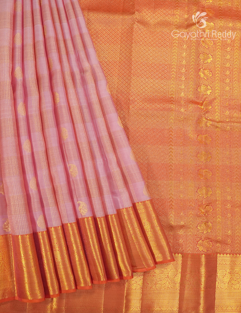 Pure Kanchipuram Silk Vintage Saree in Baby Pink and Orange
