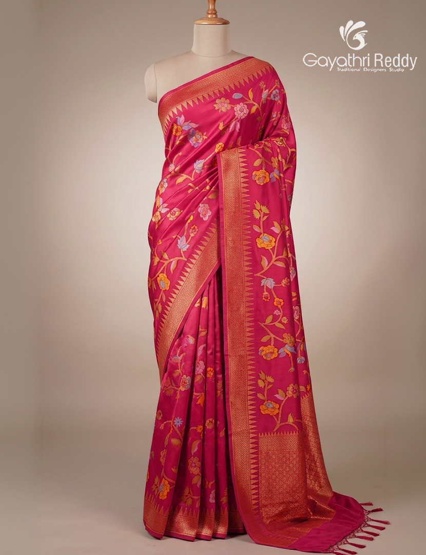 Pure Satin Silk Saree in Rani Pink