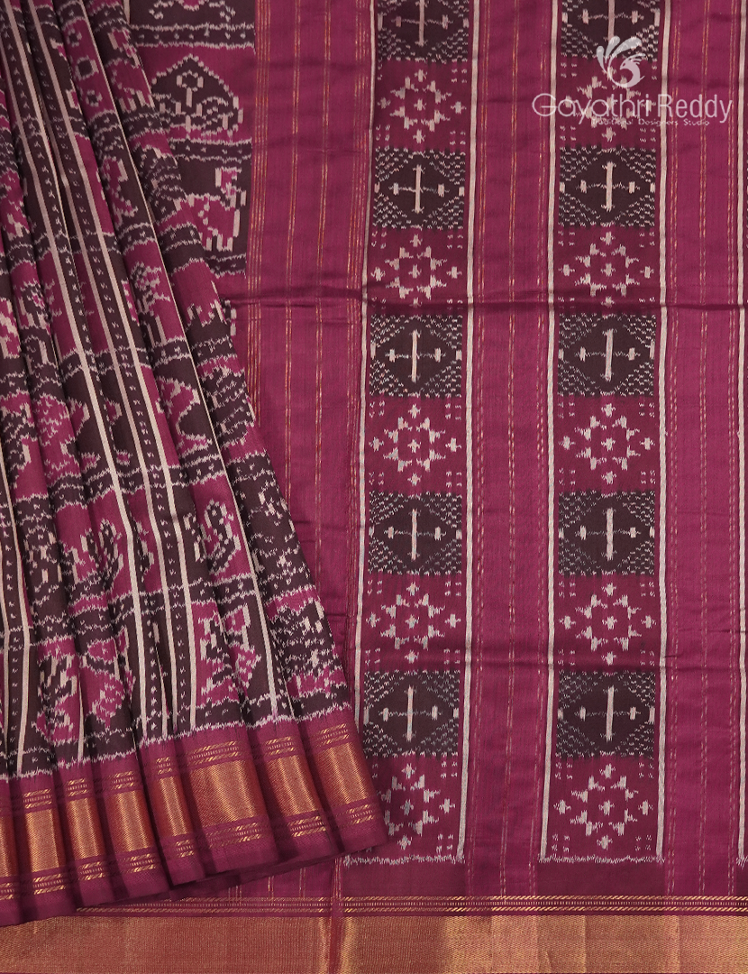 Pure Ikat Silk Saree in Brown and Magenta