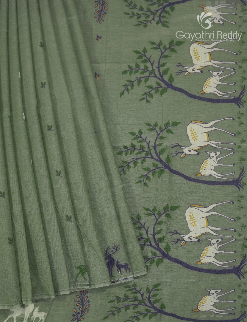 Jamdani Cotton Saree in Cardamom Green