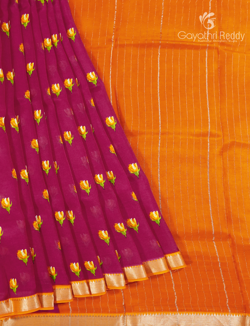Mangalagiri Pattu Saree in Deep Rani Pink and Orange