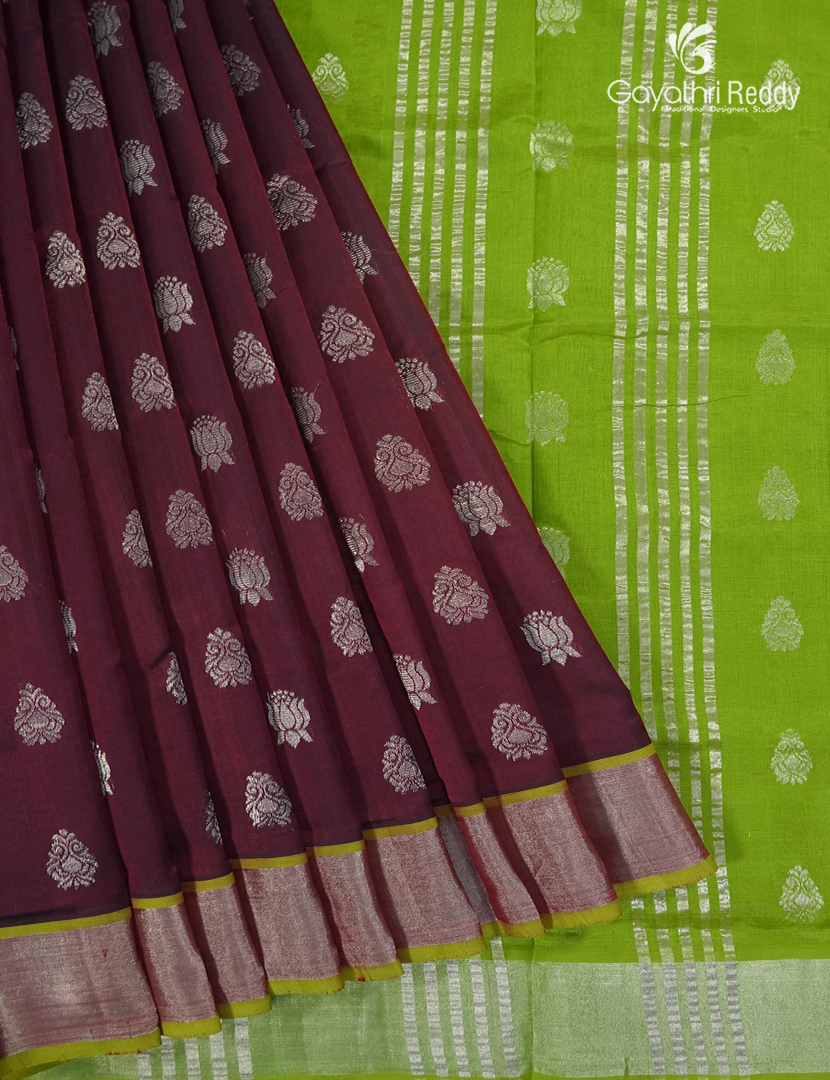 Pure Arani Sico Saree in Brown and Parrot Green