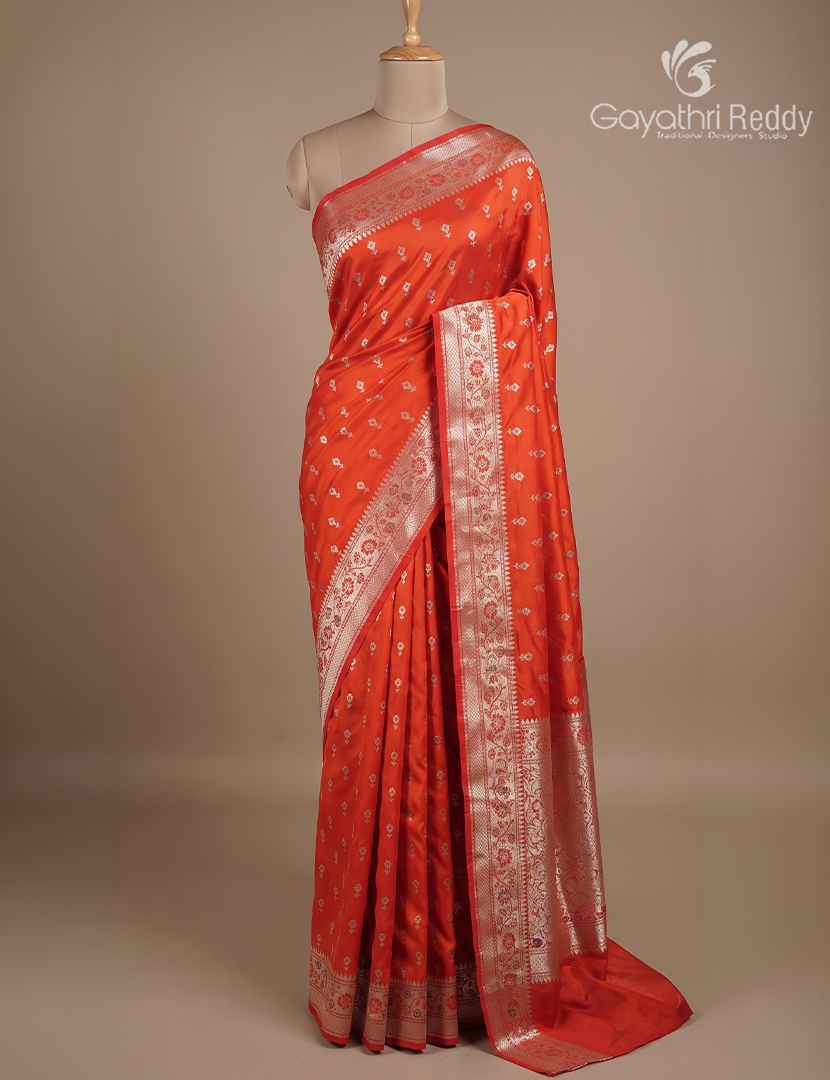 Semi Banaras Katan Silk Saree in Orange and Red