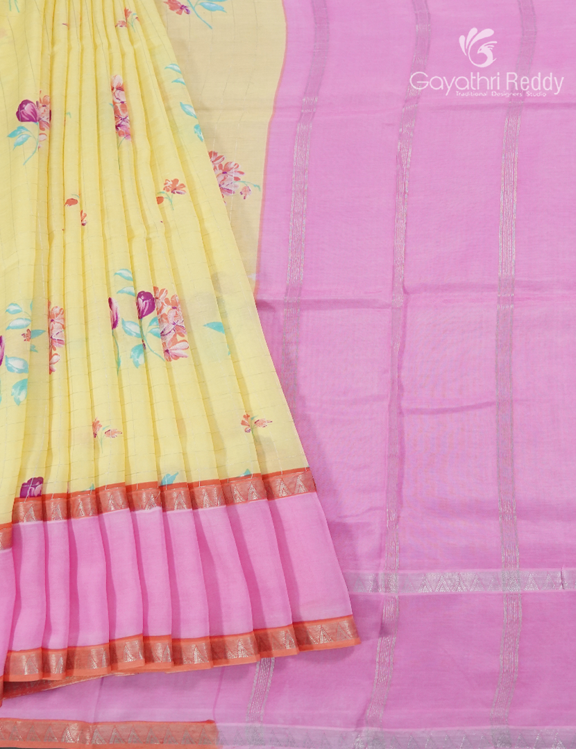 Mangalgiri Printed Saree in Pastel Yellow and Baby Pink