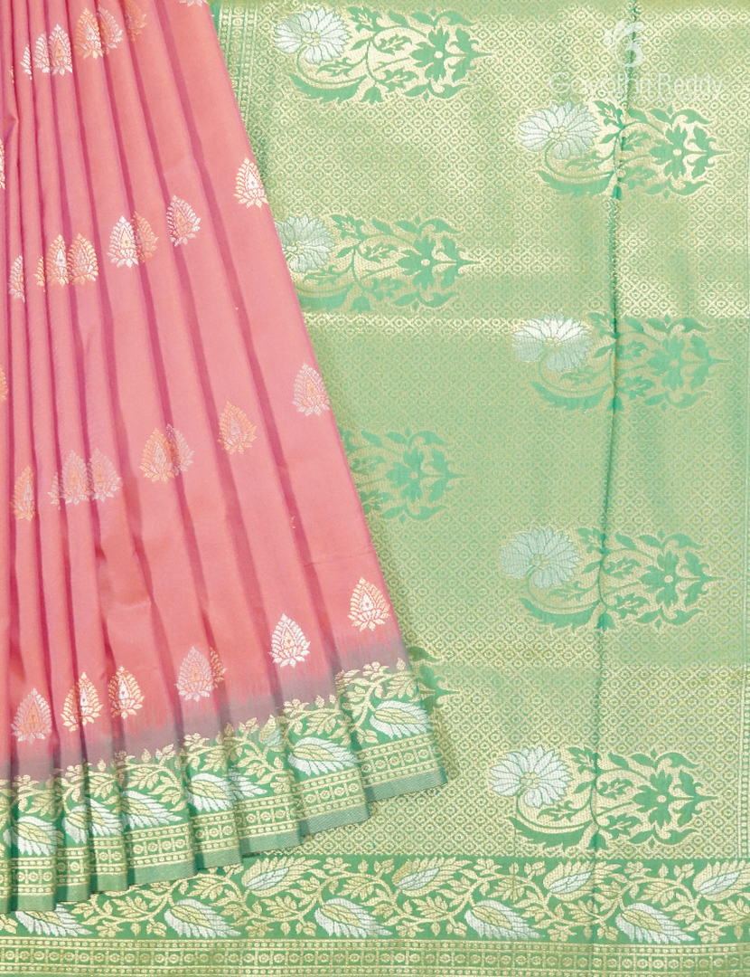 Semi Kanchipuran Silk Saree in Pastel Peach and Apple Green