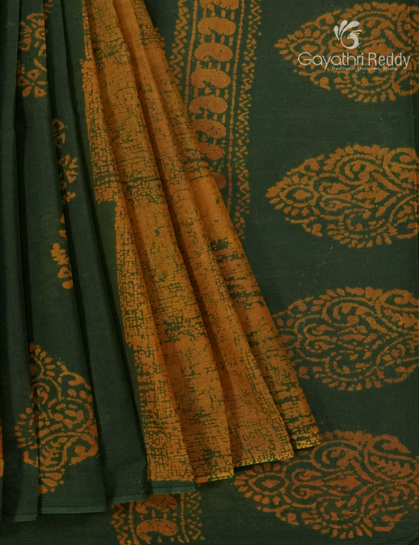 Cotton Batik Print Saree in Mango Green and Mustard
