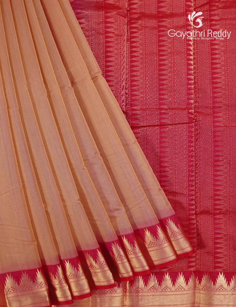Pure Kanchipuram Sico Saree in Dual Tone of Beige and Red with Rani Pink