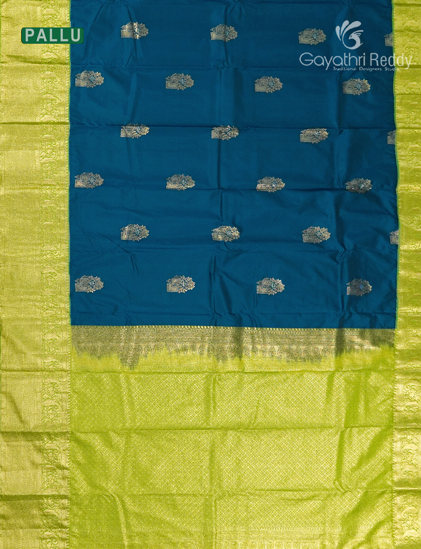 Semi Kanchipuram Silk Saree in Deep Peacock Blue and Parrot Green