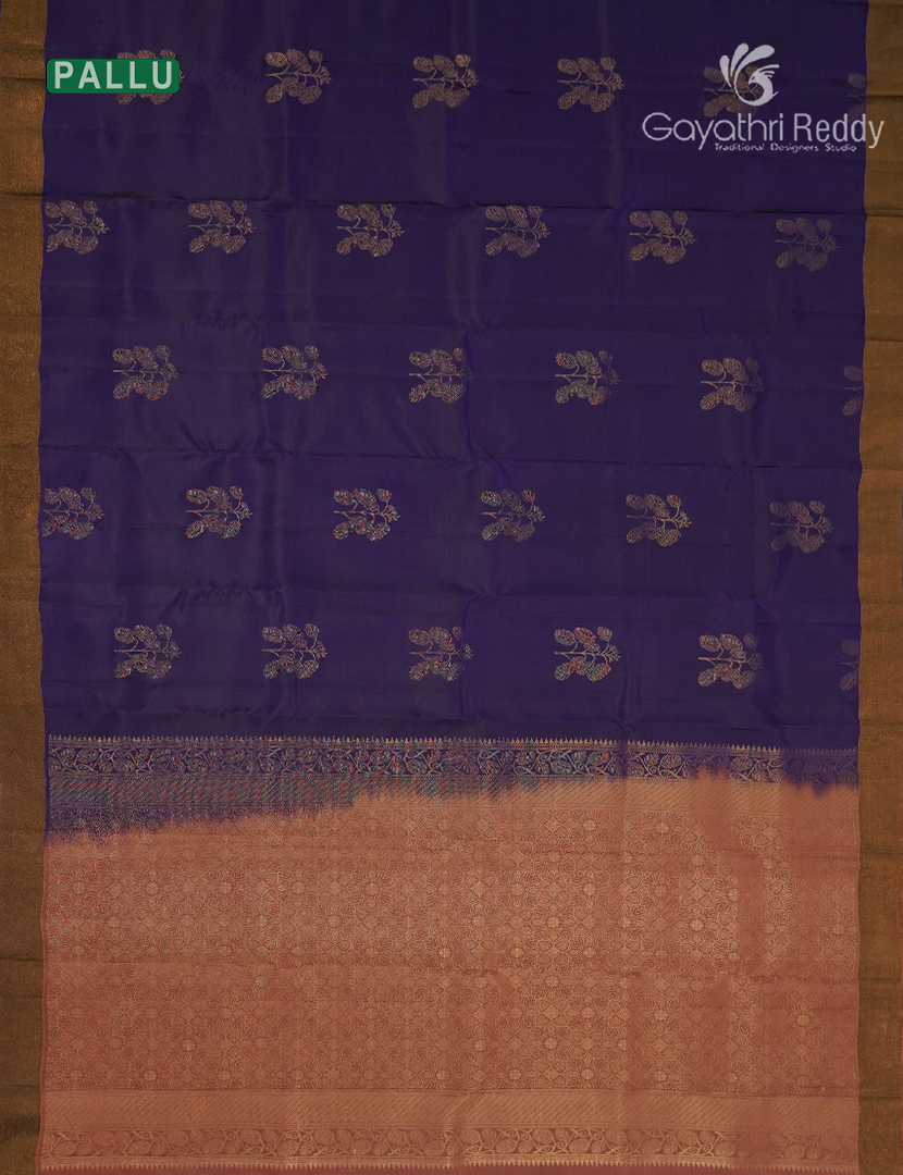 Pure Kanchipuram Silk Saree in Deep Violet and Copper( Small Borders )