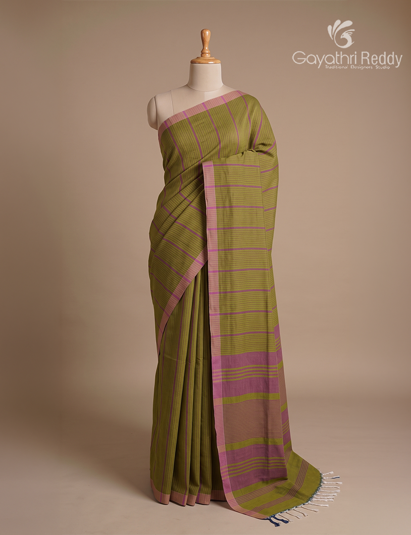 Pure Handloom Cotton Saree in Olive Green