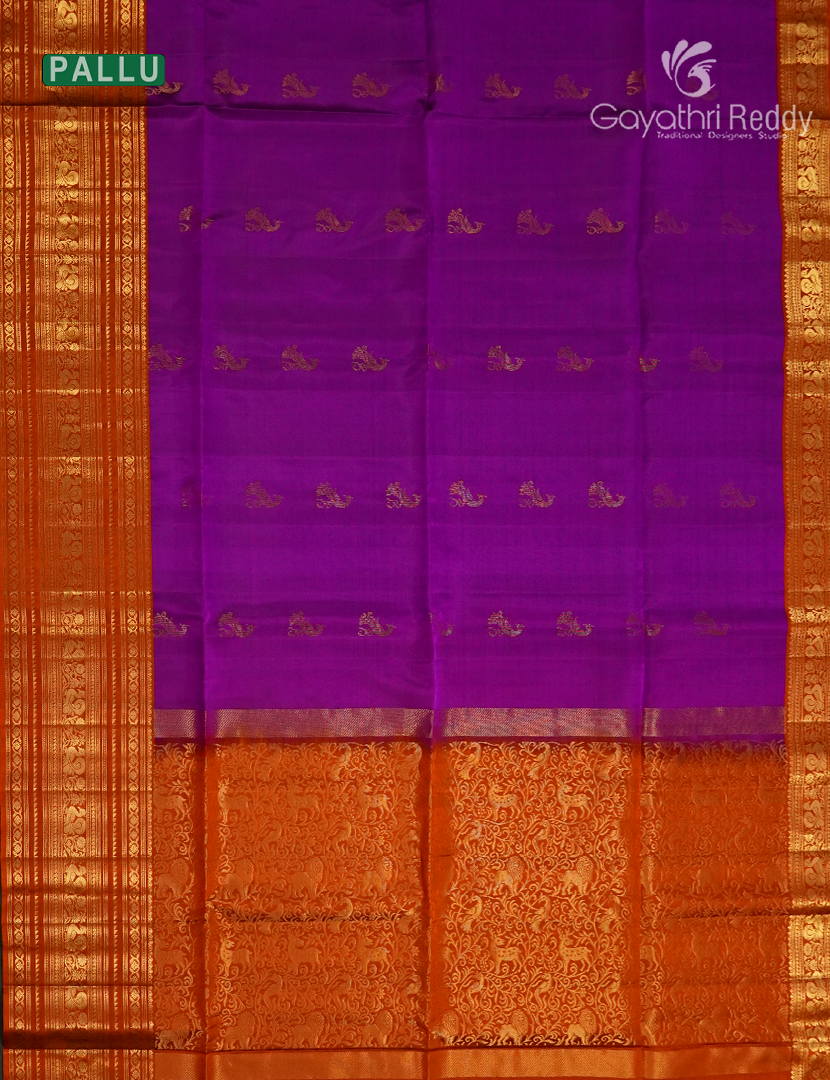 Pure Kanchipuram Soft Silk Saree in Purple and Rust Orange
