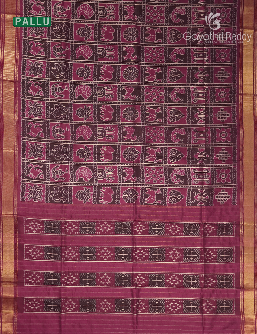 Pure Ikat Silk Saree in Brown and Magenta