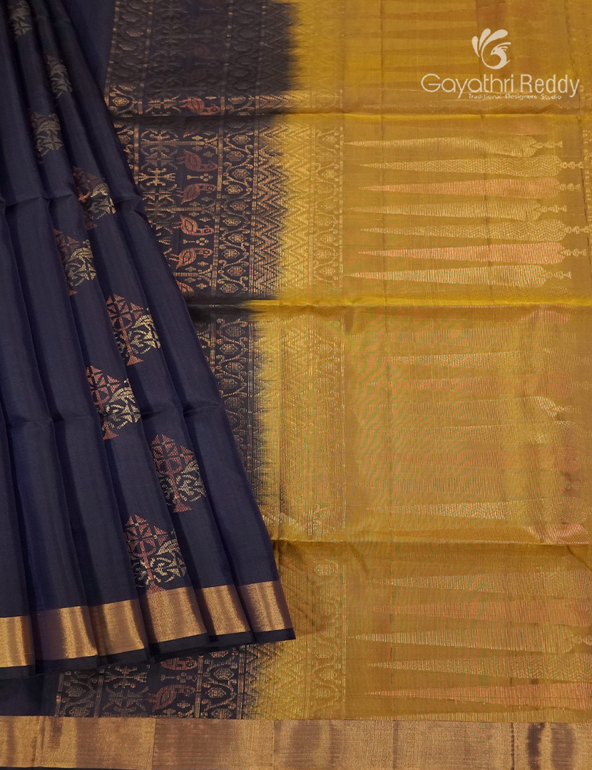 Pure Kanchipuram Soft Silk Saree in Navy Blue and Mustard