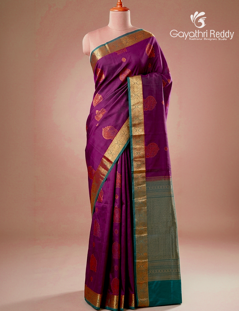 Pure Kanchipuram Silk Saree in Burgundy and Deep Peacock Green