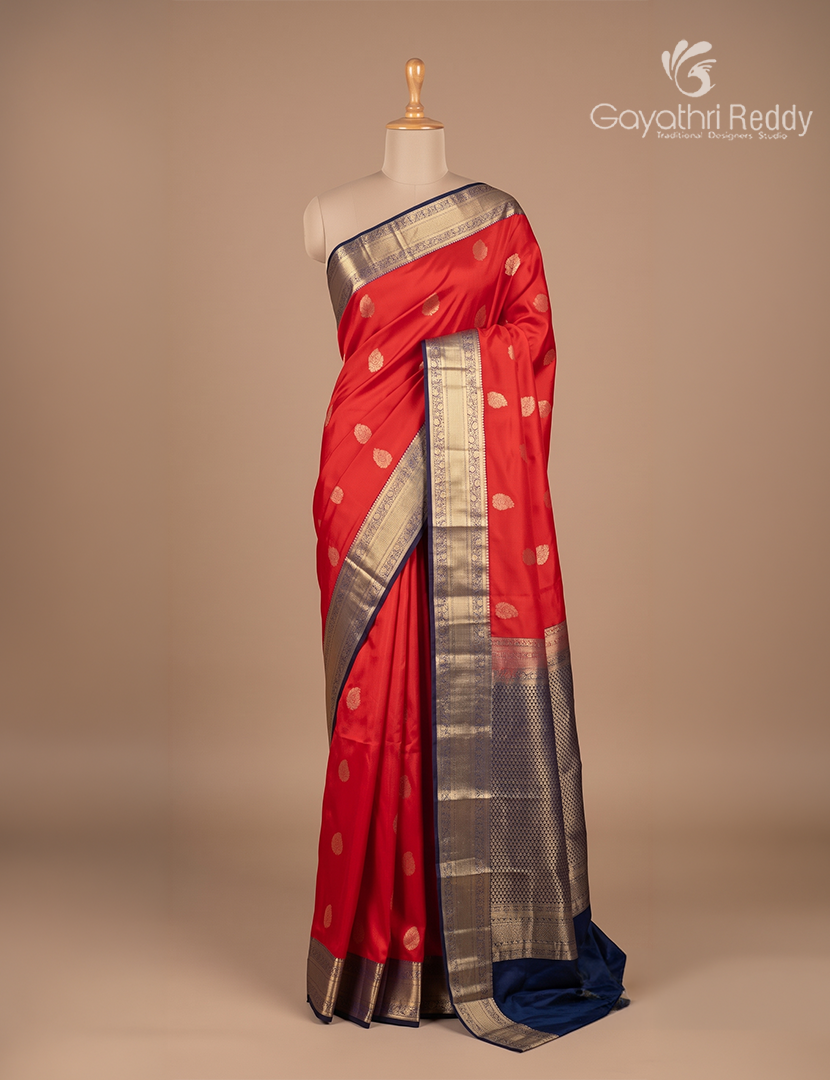 Semi Kanchipuram Silk Saree in Orange and Navy Blue