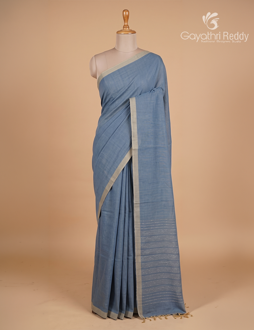 Pure Handloom Cotton Saree in Deep Denim Grey