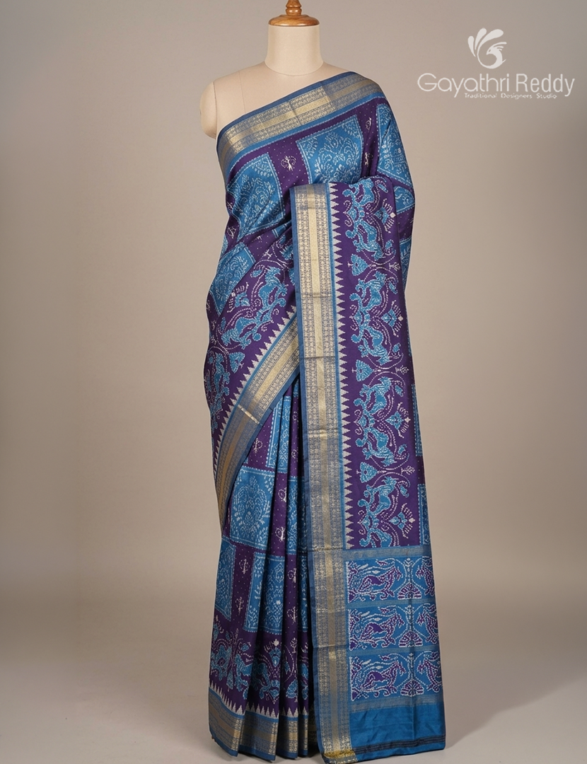 Pure Ikat Silk Saree in Deep Violet and Blue