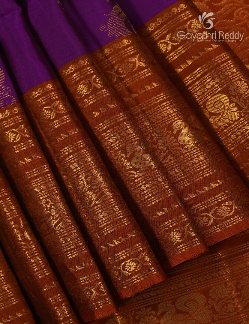 Pure Kanchipuram Soft Silk Saree in Purple and Rust Orange