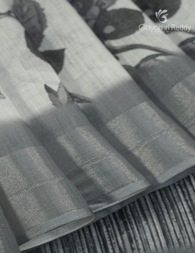 Linen Silk Saree in White and Black