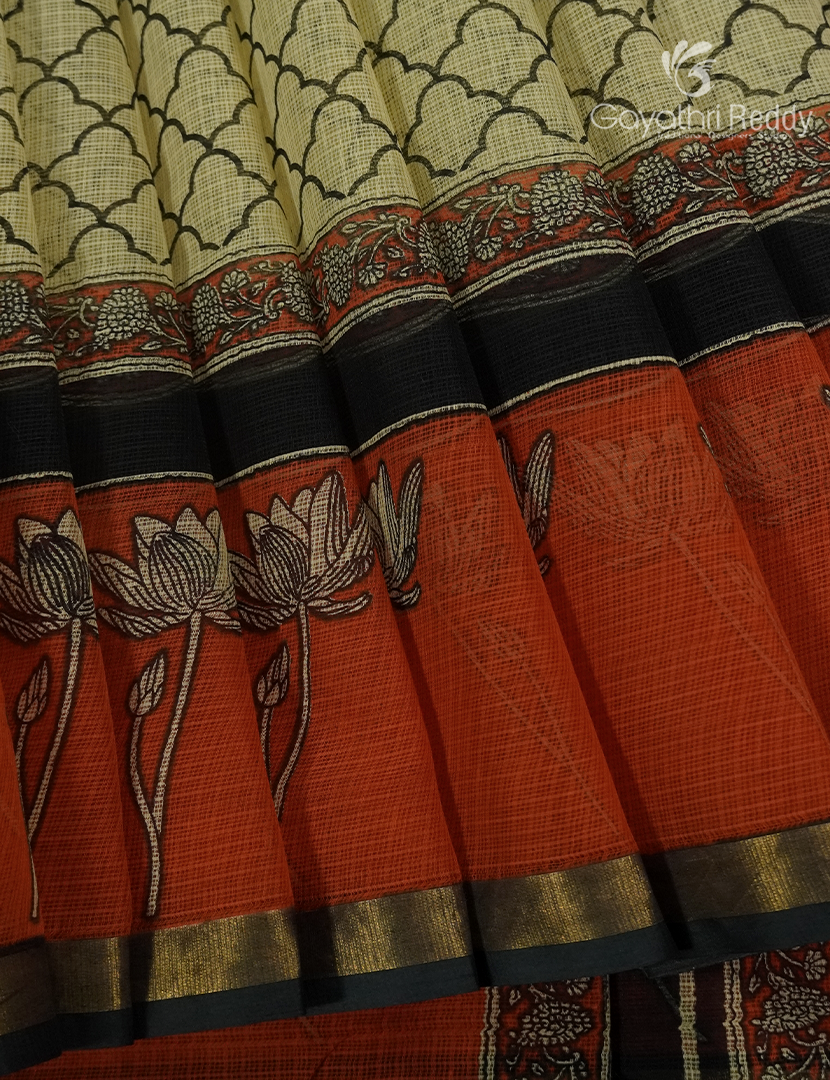 Premium Quality Cotton Kota Saree in Beige and Rust Orange