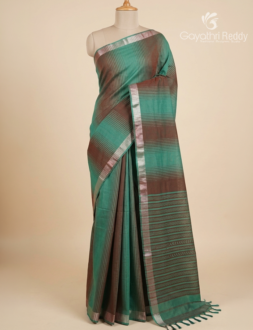 Pure Kanchi Cotton Saree in Sea Green and Brown