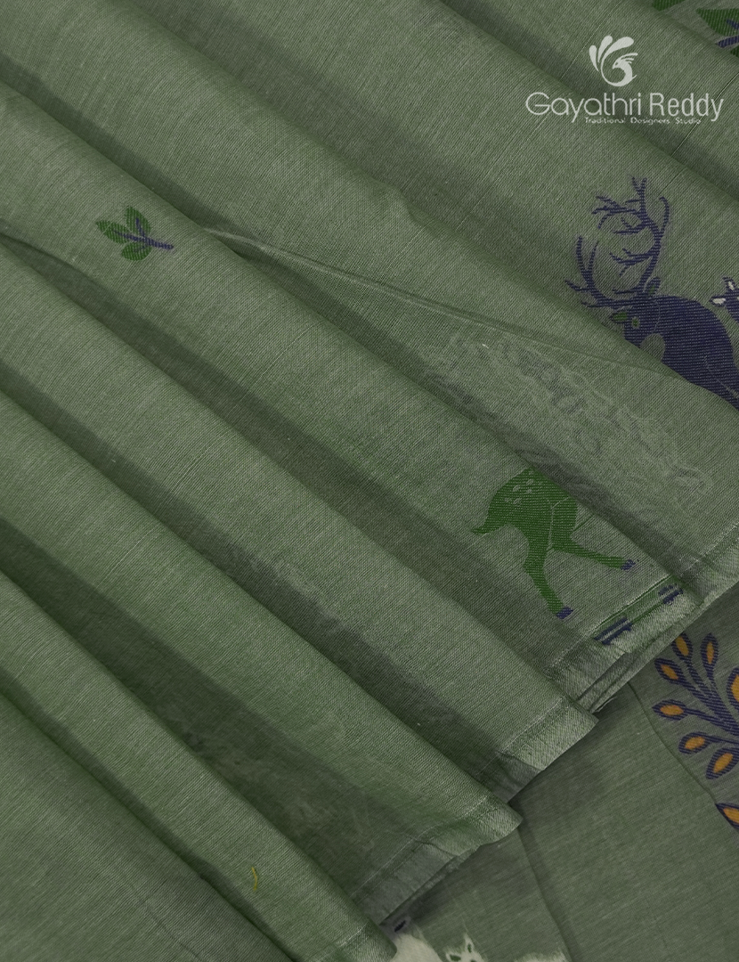 Jamdani Cotton Saree in Cardamom Green