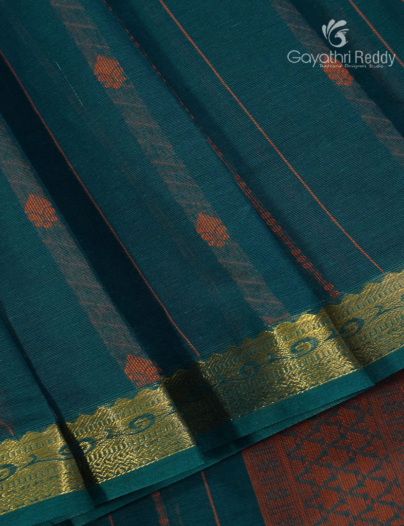 Pure Kanchi Cotton Saree in Deep Peacock Blue