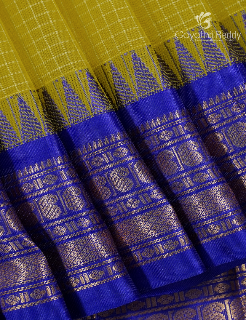 Pure Gadwal Cotton Saree in Lime Yellow and Royal Blue