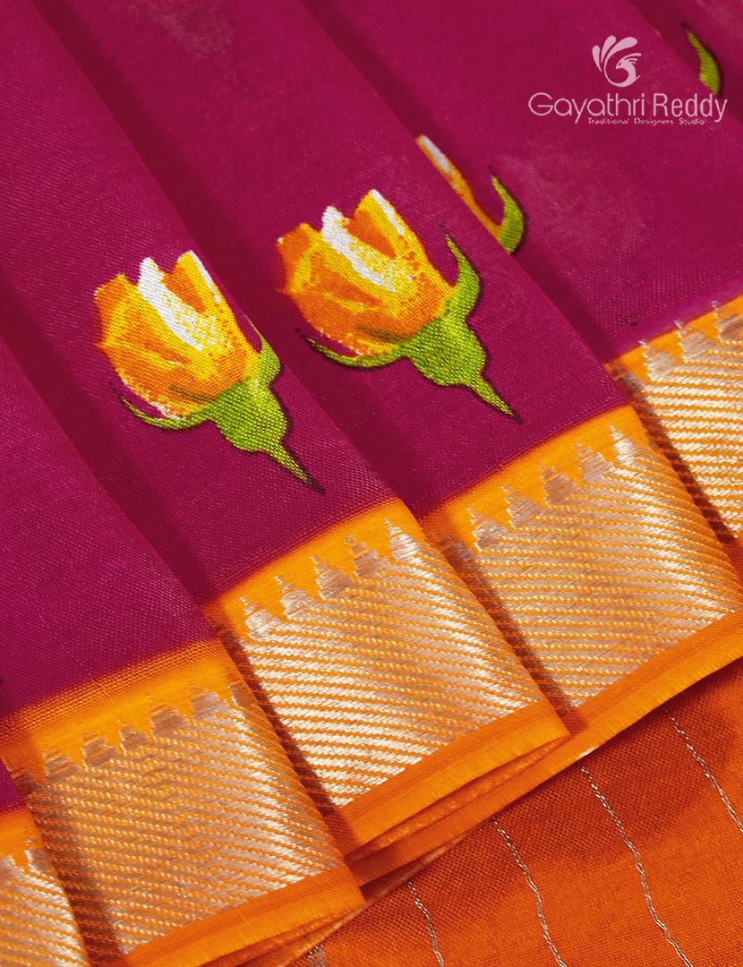 Mangalagiri Pattu Saree in Deep Rani Pink and Orange