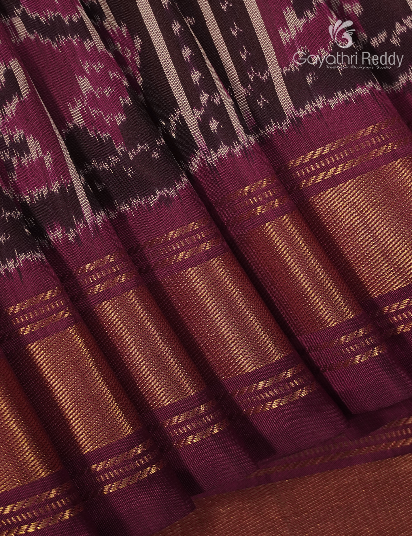 Pure Ikat Silk Saree in Brown and Magenta