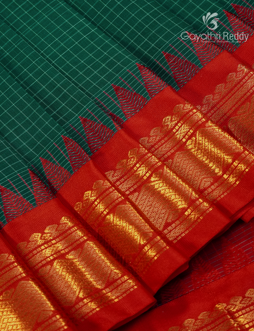 Pure Gadwal Cotton Saree in Deep Peacock Green and Red