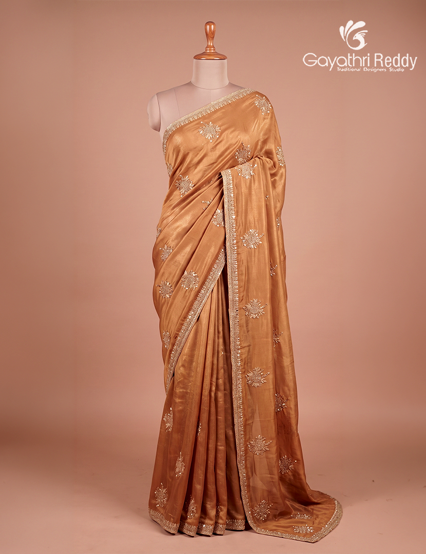 Shimmer Chiffon Saree in Golden Coral
