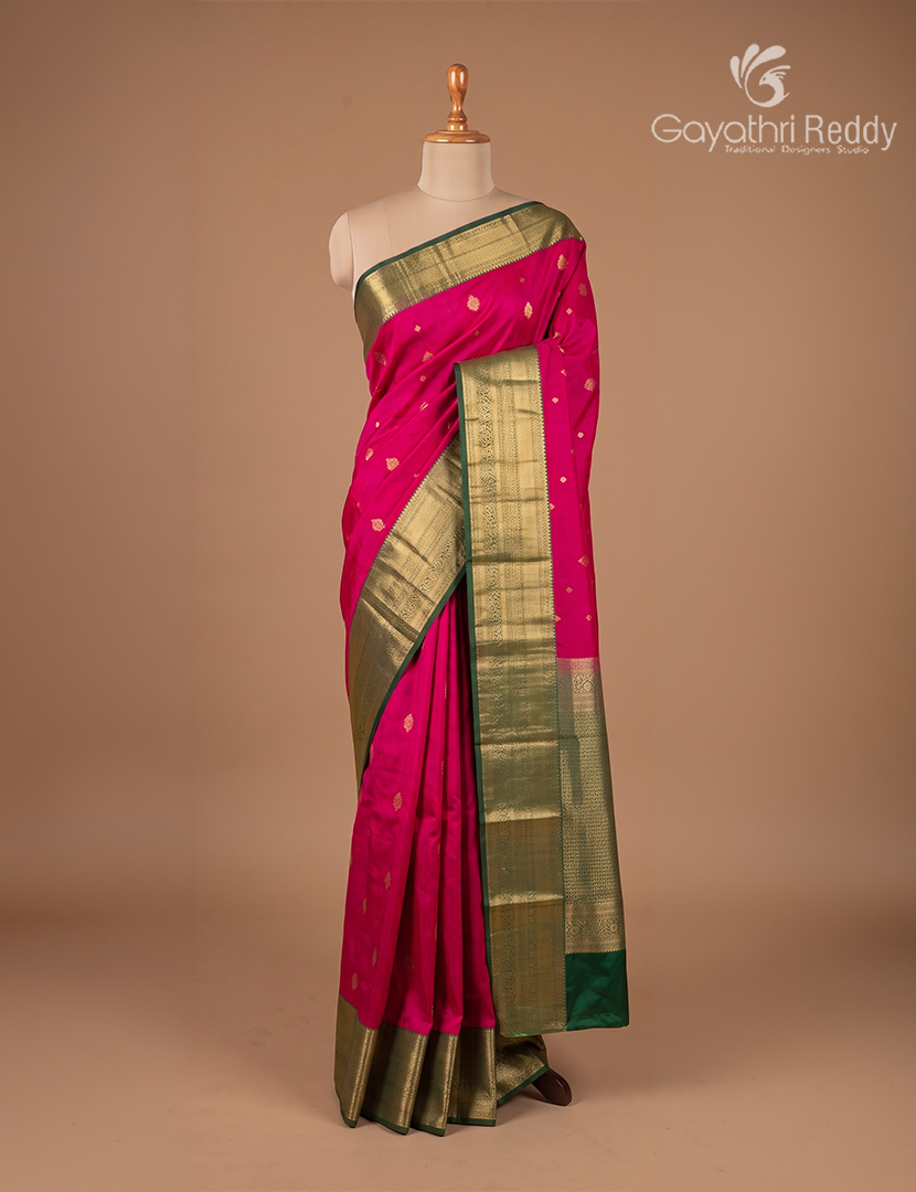 Semi Kanchipuram Silk Saree in Rani Pink and Bottle Green
