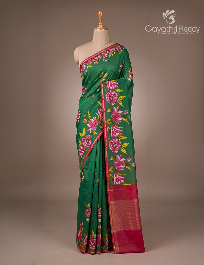 Pure Maheshwari Silk Saree in Bottle Green and Rani Pink