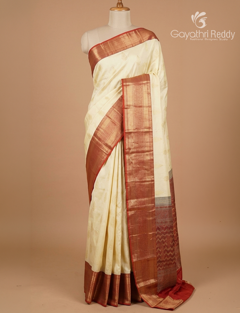 Semi Kanchipuram Silk Saree in Cream and Maroon