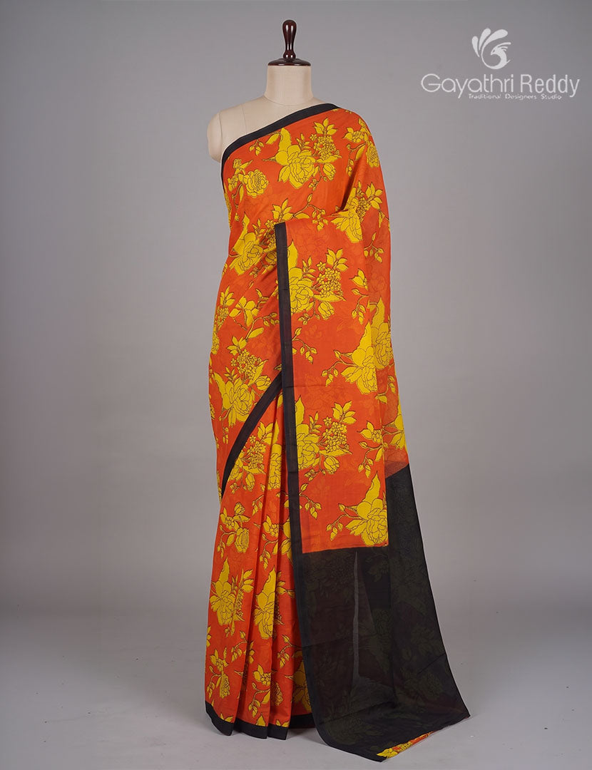 Pure MulMul Cotton Saree in Orange and Black