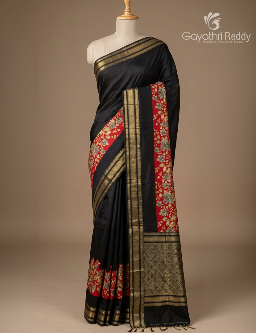 Semi Mysore Silk Saree in Black and Red